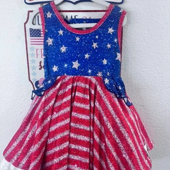 Pipsqueak boutique Patriotic Star and Stripe Dress size 5t 4th July Girls Flag
