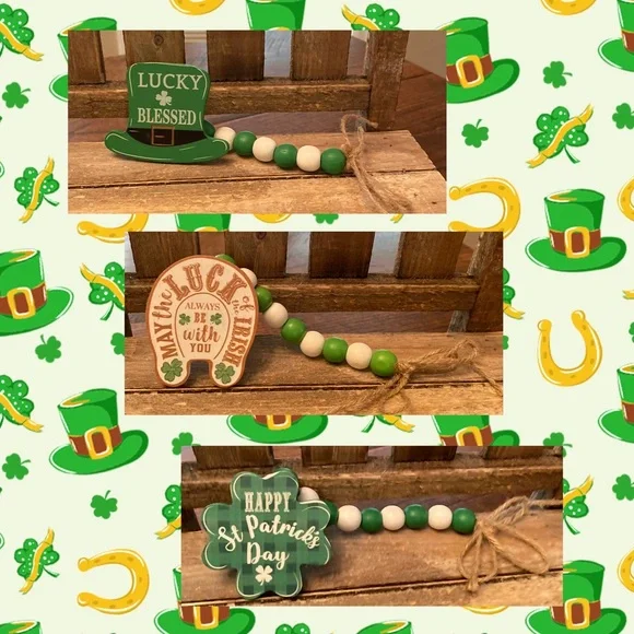 St. Patricks Day Beaded Garland Set Of 3, Lucky & Blessed, Horseshoe Garland