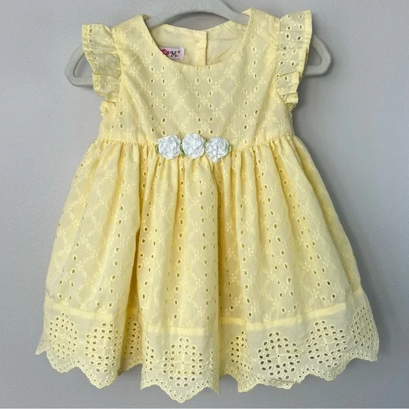 Baby Girl 6-9M Butter Yellow Schiffli Eyelet Dress White Flowers Cottagecore