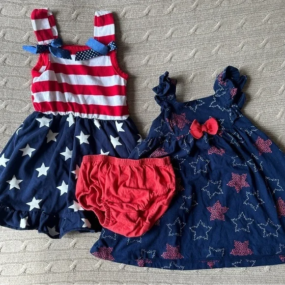 EUC Carter’s 3pc Baby Girl 4th of July Dress Bundle, Stars and Stripes, 18 Mo
