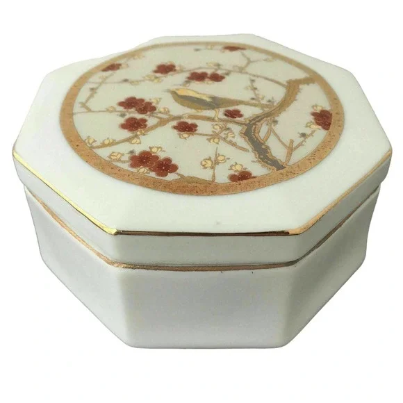 VTG Singing Bird Octagonal Trinket Jewelry Box Ceramic White Gold Red Japan