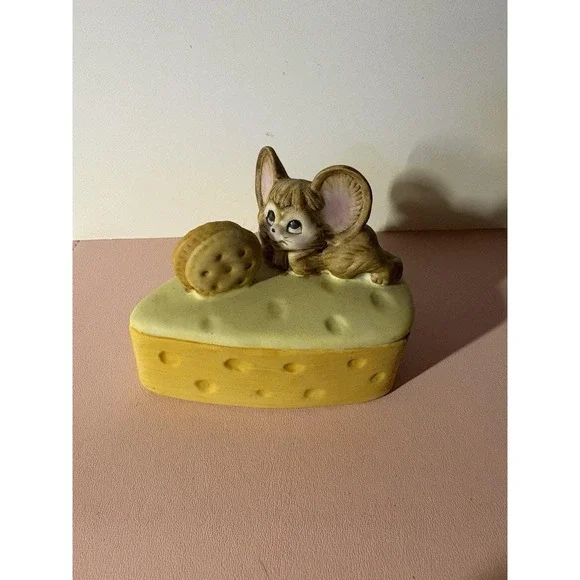 Vintage Mouse Figurine on Cheese Wedge with Cracker