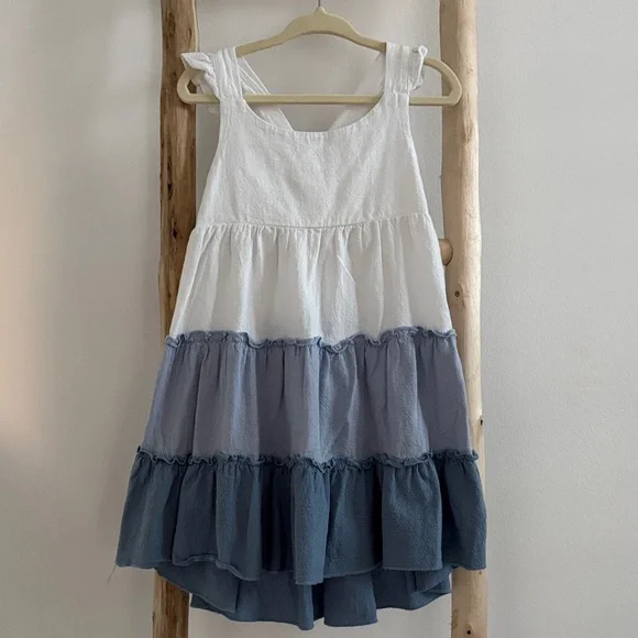 Charming White and Blue Tiered Kids Dress