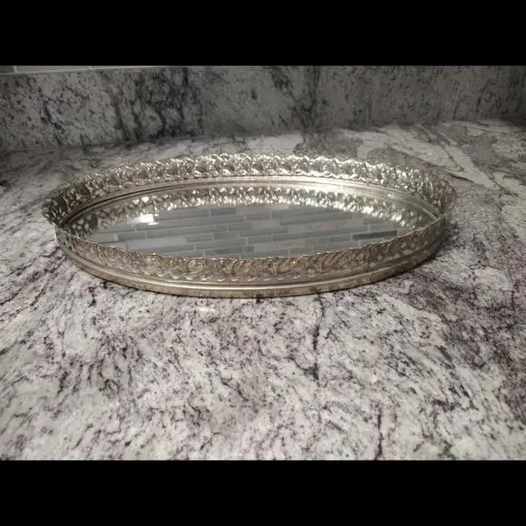 Vintage Hollywood Regency metal and mirror vanity tray oval