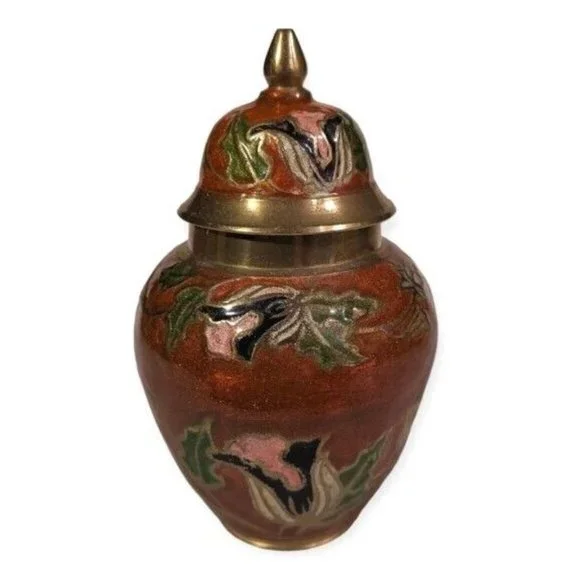 Cloisonne Ginger Jar Vase Mini Bronze Enamel Lotus Floral India Urn Lid Vtg 4