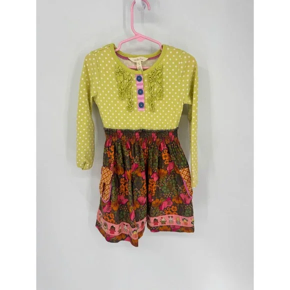 Matilda Jane Dress Girls Size 4 Green Floral Polka Dot Long‎ Sleeve Mixed Print