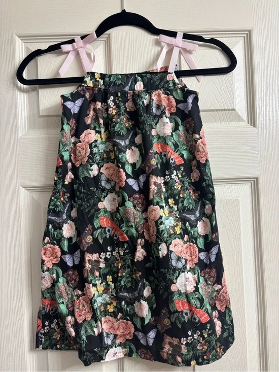 Hanna Andersson Black Floral & Butterfly Dress Pink Ribbon Straps