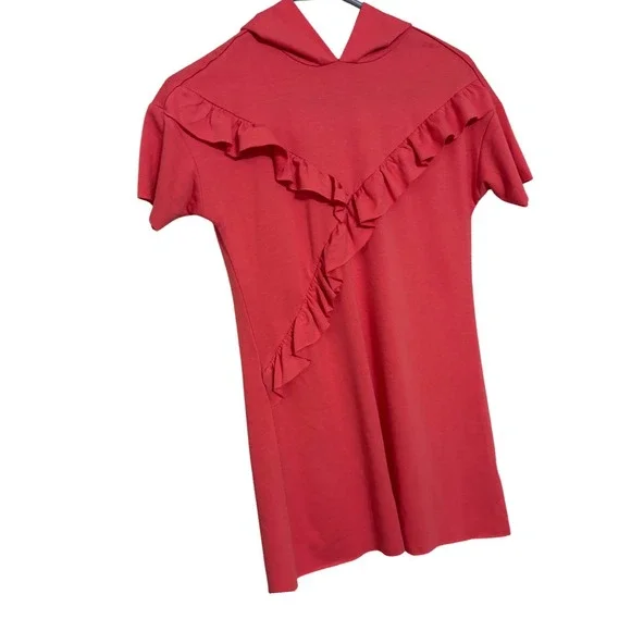 GB Girls Ruffle Hoodie Dress Casual Coral Pink Short Sleeve Raw edged hems M EUC