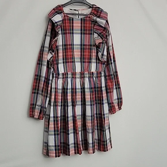 NWT J. Crew Girls Tartan Plaid Ruffle Shoulder Long Sleeve Dress Size 14