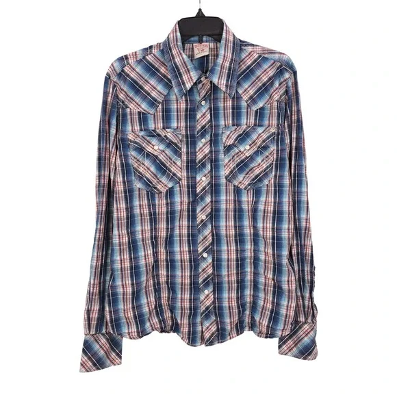 True Religion Long Sleeve Pearl Snap Shirt Mens Large Western Plaid Cowboy