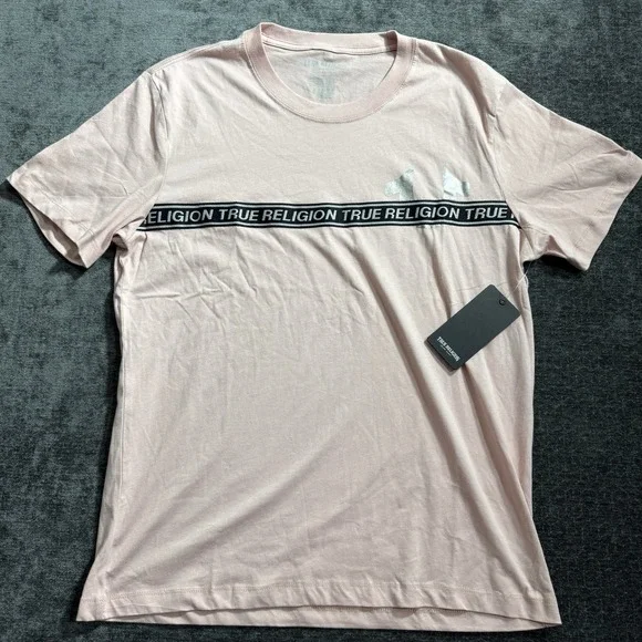 True Religion T-Shirt Men's Size Large Foil Taping Tee‎ Sleeve Pink Logo NWT