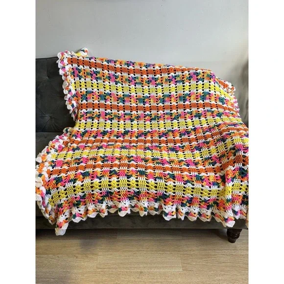 Handmade Crochet‎ Retro Afghan Lap Throw Bright & Colorful Unique Granny Core