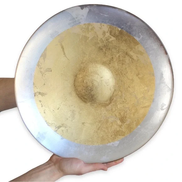 Italian Gold & Silver Leaf Glass Shallow Bowl / Platter Large Centerpiece 15.25”