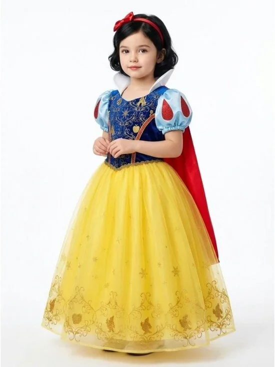 Girls Snow White Princess Costume Dress Blue Yellow Velvet Tulle Birthday Party