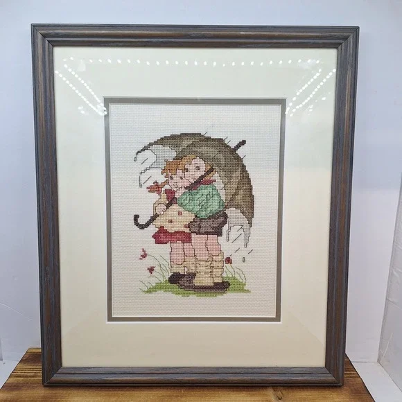 Vtg Finished Needlepoint GIRL BOY UMBRELLA Folk Art Sampler Embroidery Framed‎