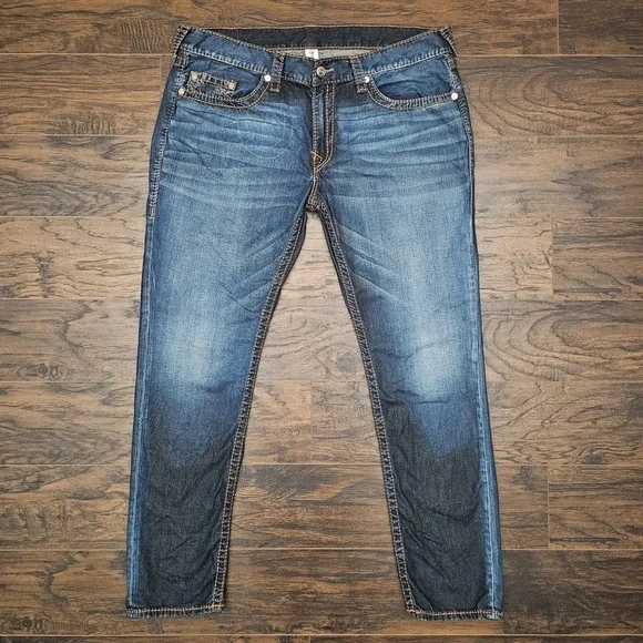 True Religion Men's 42x32 Skinny Big T Thick Stitching Denim Jeans Medium‎ Wash
