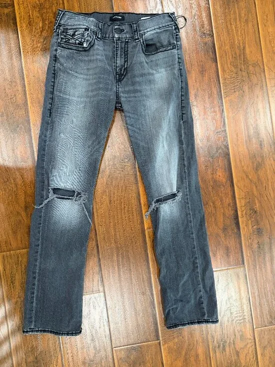 True Religion 33x32 Rocky Relaxed Straight Flap Big T Jeans Grey Distressed