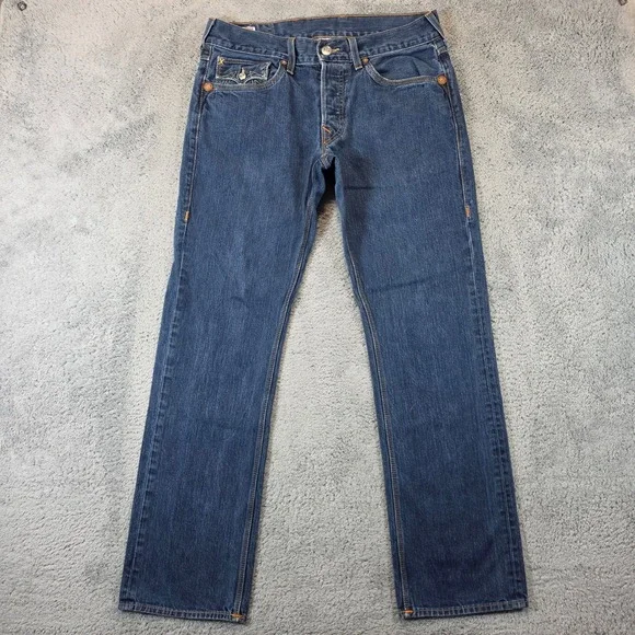 True Religion Ricky Jeans Mens 33 Blue Straight Made in USA Button Fly Horseshoe