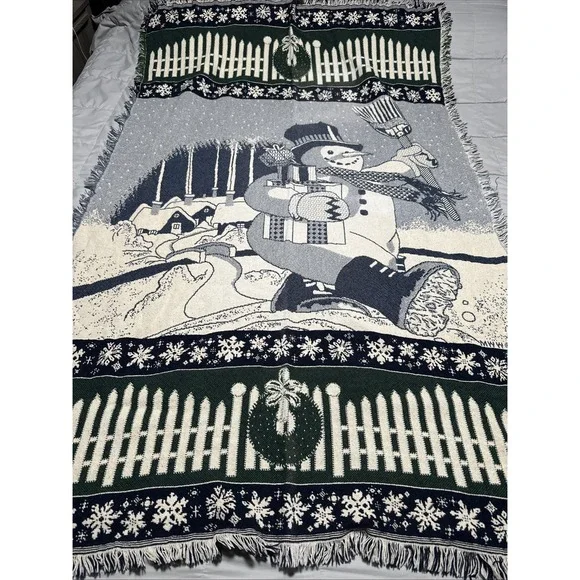Vintage 1993 Snowman Christmas Tapestry Throw Blanket 65