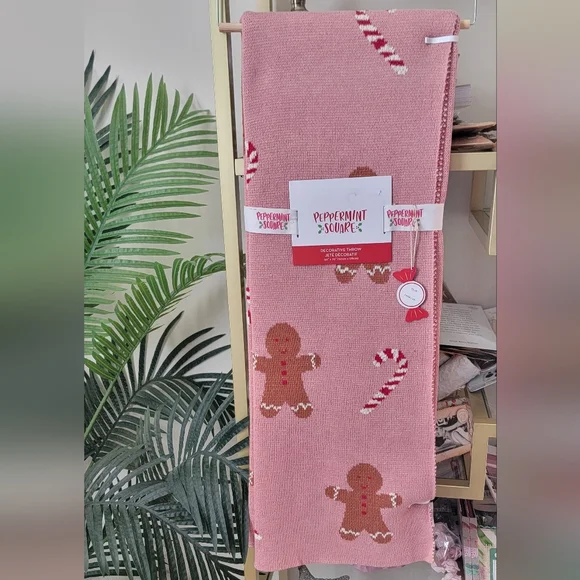 NWT Peppermint Square Pink Gingerbread and Candy Cane Decorative Christmas Throw
