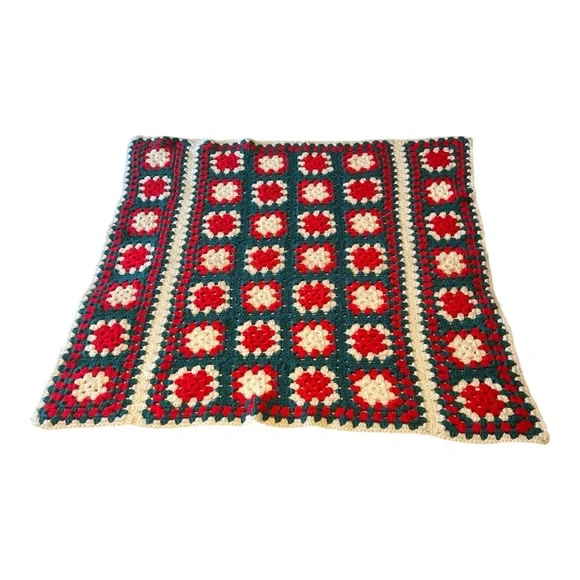 Granny Square Red and Green and white Crochet afghan approximately 40” x 40”