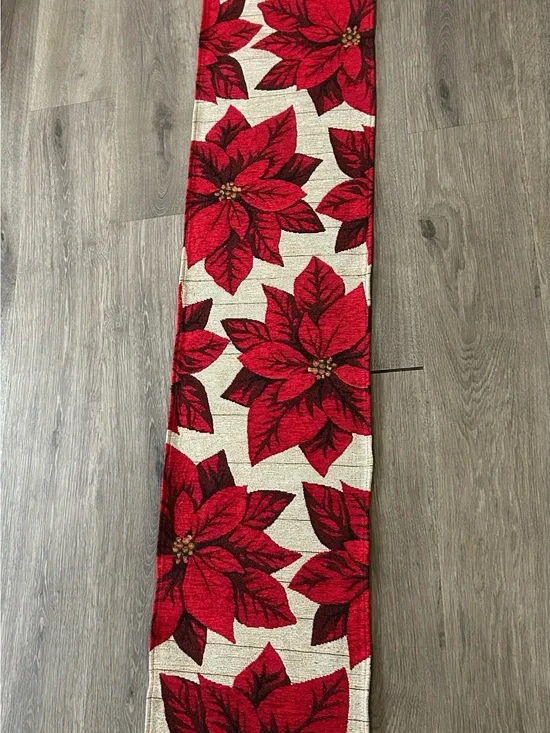 Table Runner Christmas Poinsettia Flower Fabric 70” X 13” cottage holiday