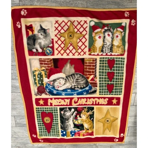 Meowy Christmas Cats Fleece‎ Throw Blanket Holiday Cat Kitten Kitty Cottage Soft