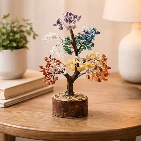 Seven Chakra Reiki Healing Crystal Golden Wire Gemstone Tree Stability & Peace
