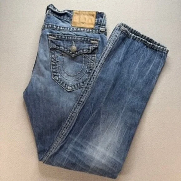 True Religion Jeans Mens 36 Blue Ricky Relaxed Straight Distressed Denim USA