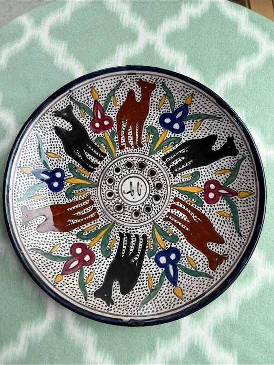 11.5” Vintage Hand-Painted Ceramic Arabic Decor Plate-Black Brown Blue Green red