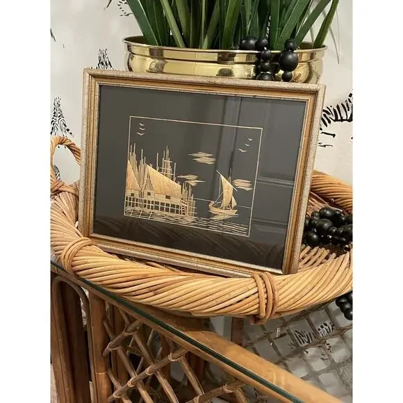Framed Vintage Asian Rice Straw Art with Sailboat and Shore House Nautical