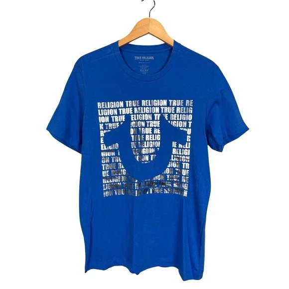 True Religion Men's Blue Script Logo T Shirt‎ Size Medium NWT