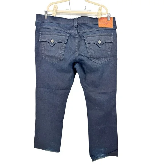 True Religion Jeans Mens 34x32 Blue Denim‎ Flap Pockets Ricky Distressed Hems