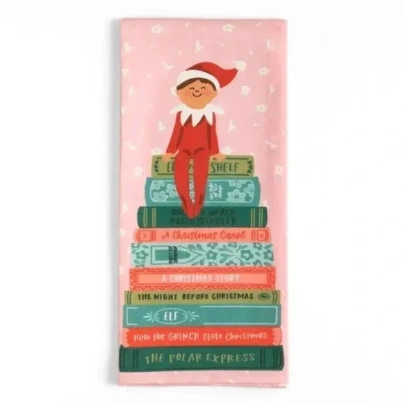Holiday Elf on the Shelf Book Stack Tea Towel NEW