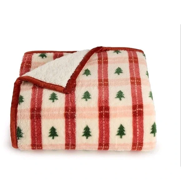 Cuddl Duds Christmas Trees Plaid White Throw Faux Sherpa 50 x 60 New Cozy