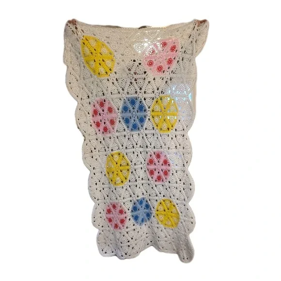 Vintage Afghan Blanket Floral‎ Lap Throw Rainbow Rose Flowers Handmade White