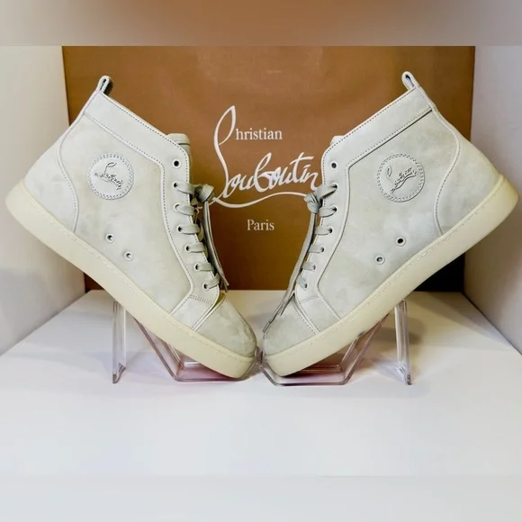 Christian Louboutin Louis Orlato Flat High-Top Sneakers Goose Grey Suede Size 44