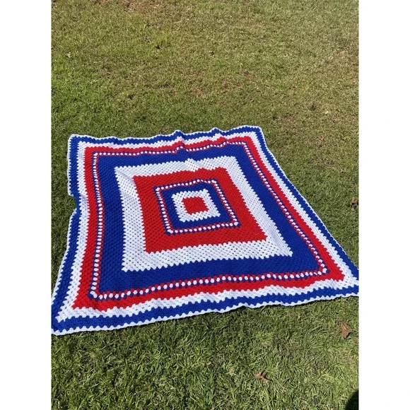Afghan Crochet 63x58 Red White Blue Fourth Of July Patriotic Throw Blanket