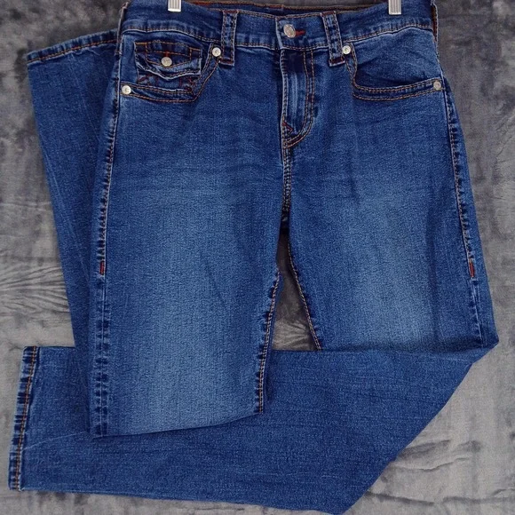 True‎ Religion Jeans Mens 32x34 Red Stitch Flap Pockets Straight Leg World Tour