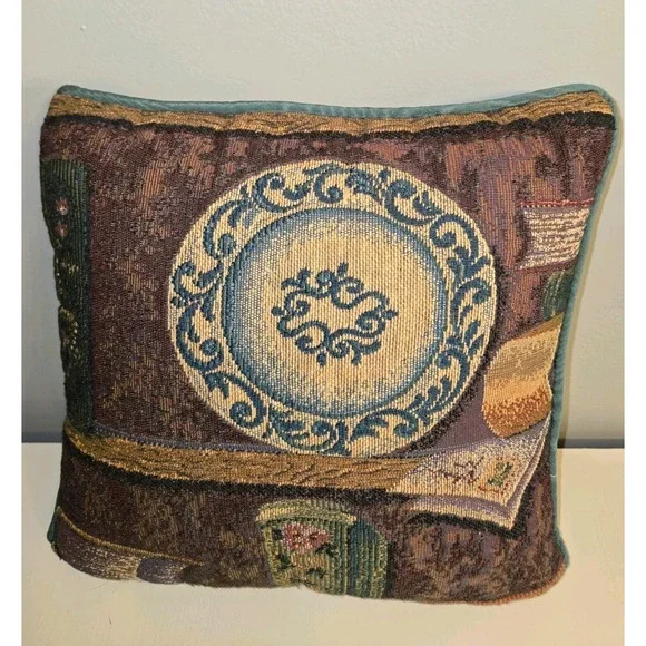 Beautiful Tapestry Throw Pillow~Multicolored Library Theme~solid‎ green backing