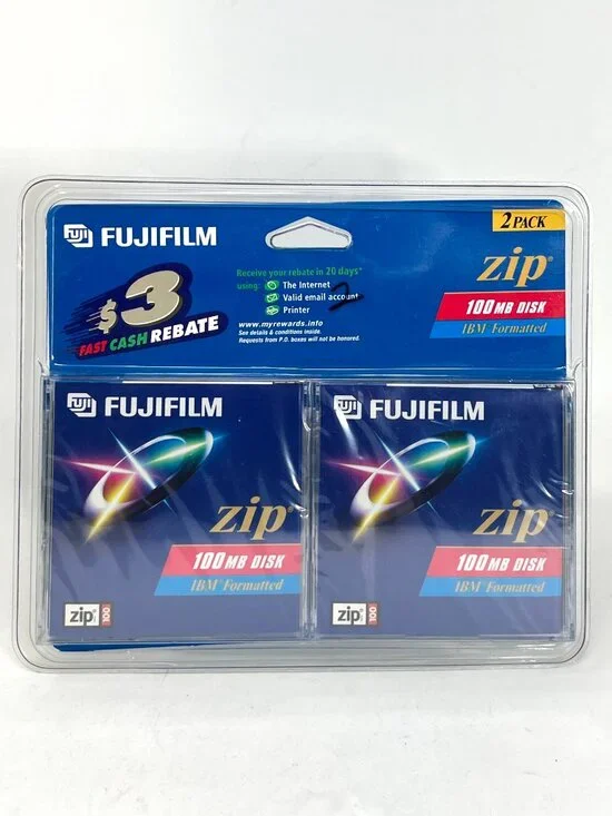NOS 2-Pack FujiFilm 100mb Zip Drive Disk IBM Formatted Factory Sealed Fuji Film