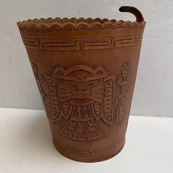 Embossed Leather Basket Hand Tooled Aztec Tribal Plywood Bottom Decor Western
