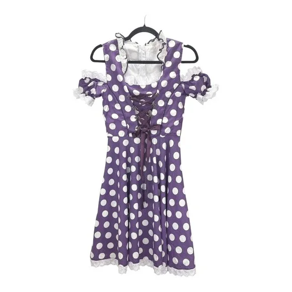 Purple White PolkaDot German Cottagecore Drindl Bavarian Dress Girls Sz 152 (12)