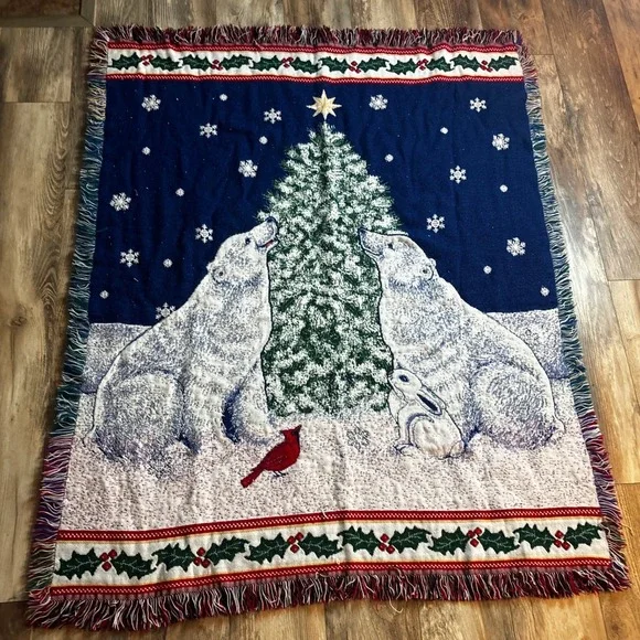 Christmas Polar Bears Tree Cardinal Rabbit Woven Tapestry Throw Blanket