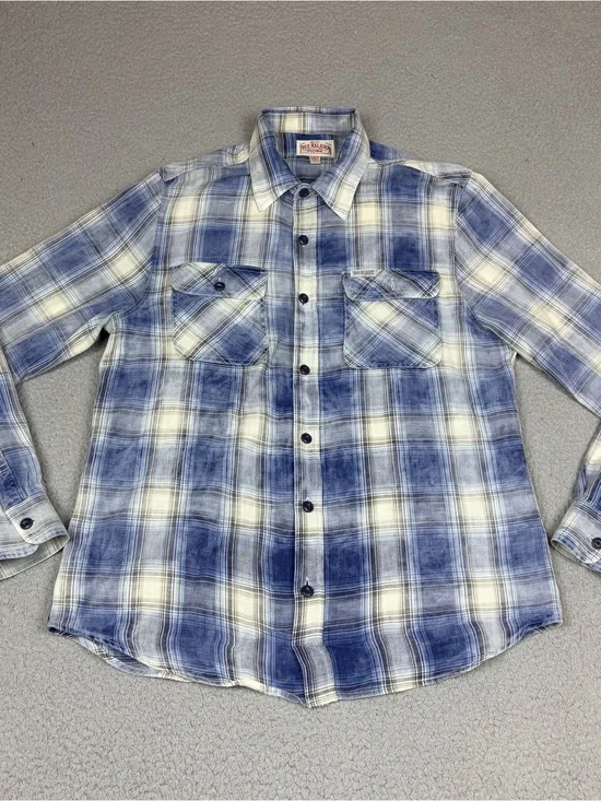 True Religion Blue and White Plaid Button-Up Shirt Pocket Flaps Western Cowboy