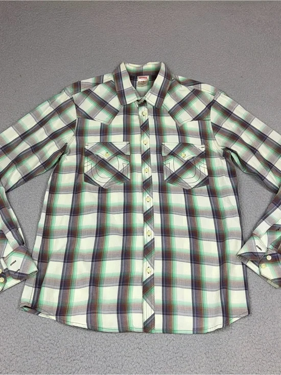 True Religion Men's Plaid Button-Down Shirt Green & Brown Pocket Flaps Western
