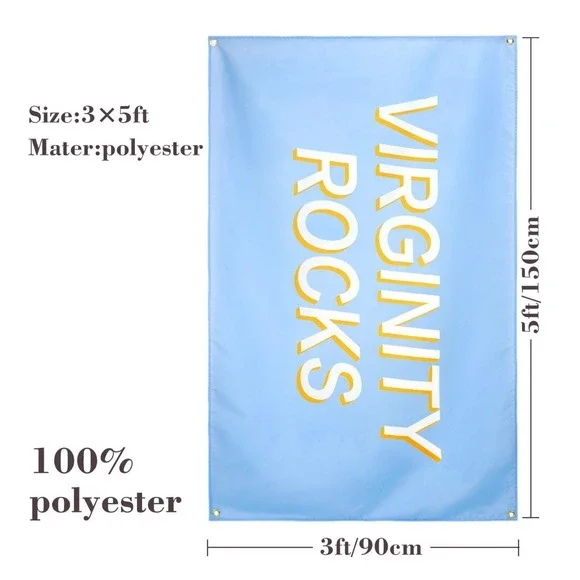 Virginity Rocks Flag Banner Light Blue‎ Yellow Grommets Statement