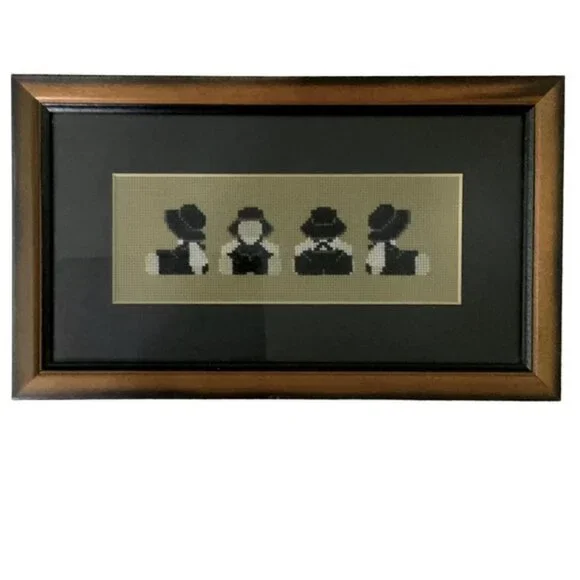 Amish Wall Decor Vintage Needlepoint Traditional Dressed Farmhouse Black White
