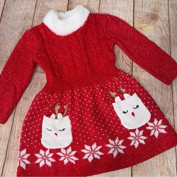 Little Lass 3T Girls' Red Holiday Sweater Dress with Faux Fur Collar