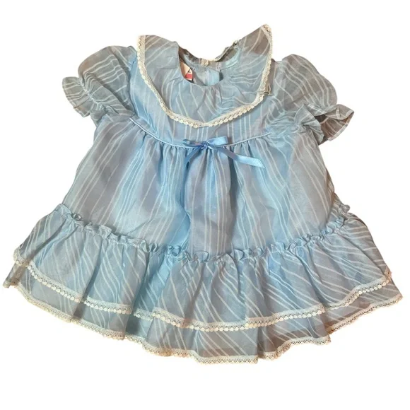 Vintage Blue Striped Baby Dress with Lace Trim 24 Month